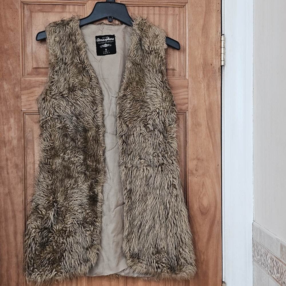 Atmosphere Brown And Tan Sleeveless Faux Fur Women's Vest Jacket, Size 8